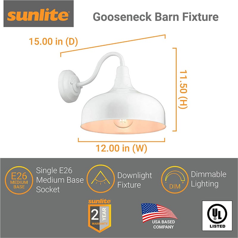 Sunlite 46068-SU Gooseneck Rustic Barn Light Fixture, Wall Mount, Medium Base (E26) Socket, Standard A19 Bulb Required (60W Max), 12 Inch, Indoor and Outdoor Use, ETL Listed Wet Location, White - Image 3